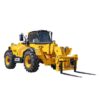 Manipulador telescópico JCB 535-125 HI-VIZ Loadall de 13 metros en obra, elevando materiales en un edificio en construcción.